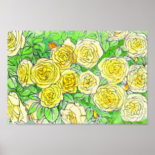 Poster Roses Jaunes, Vert Feuille Rose Jardin Floral Art