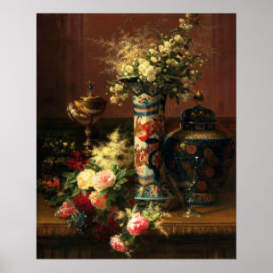 Poster Roses, Pivoines, Myosotis dans un vase japonais