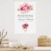 Poster Roses rose et or Aquarelle Mariage Bienvenue (Cuisine)