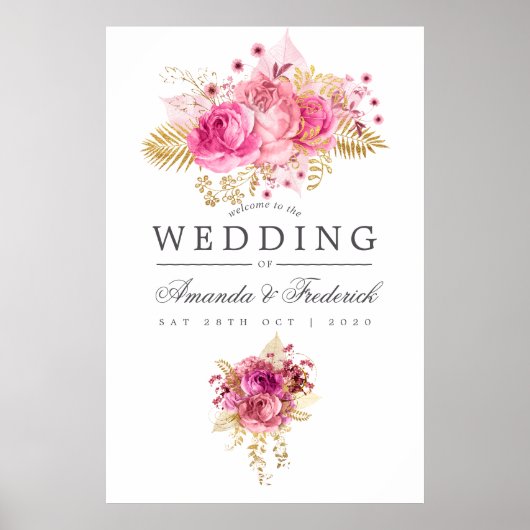 Poster Roses rose et or Aquarelle Mariage Bienvenue (Devant)