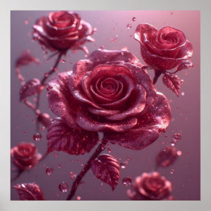 Poster Roses roses délicates avec gouttes de rosée et pai