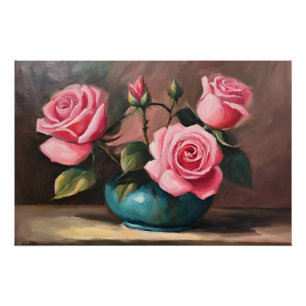 Poster Roses roses en Vase Bleu Encore vie Illustration