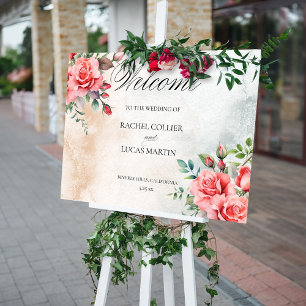 Poster Roses roses romantiques et calligraphie Bienvenue