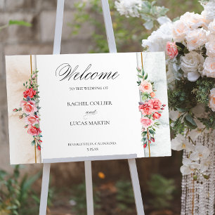 Poster Roses roses romantiques et calligraphie Bienvenue