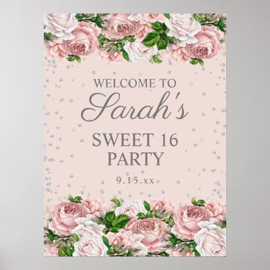 Poster Roses roses rose Floral Parties scintillant argent (Devant)
