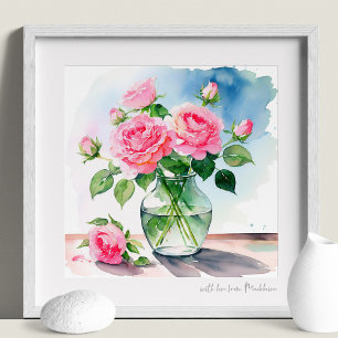 Poster Roses Roses Roses Profondes En Vase Verre Aquarell