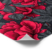 Poster Roses rouges avec feuilles gris sur noir (Coin)