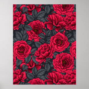 Poster Roses rouges avec feuilles gris sur noir