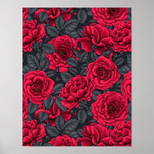 Poster Roses rouges avec feuilles gris sur noir (Devant)