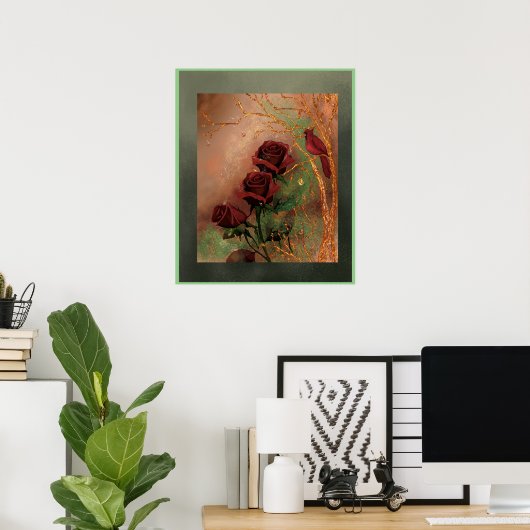 Poster Roses rouges avec un oiseau (Bureau à domicile)