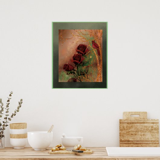 Poster Roses rouges avec un oiseau (Cuisine)