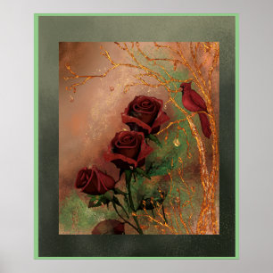 Poster Roses rouges avec un oiseau