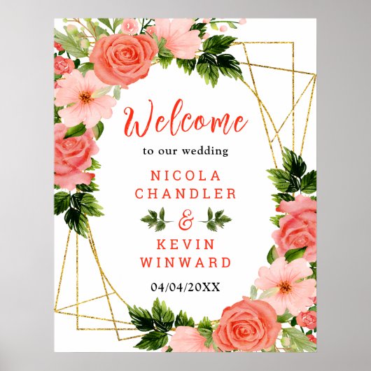 Poster Roses rouges corail avec feuillage (Devant)