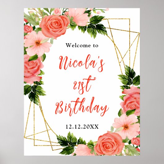 Poster Roses rouges corail avec feuillage de bienvenue d' (Devant)