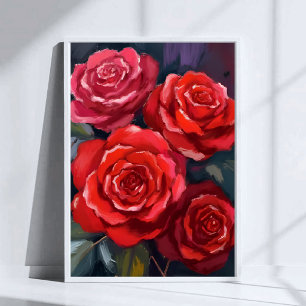 Poster Roses Rouges Fleurs Florales Peintes à l'Aquarelle
