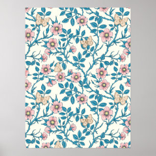 Poster Roses sauvages et papillons /rose/bleu/blanc cassé