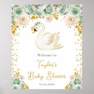 Poster Roses Swan Sage Green Gold Baby shower Bienvenue