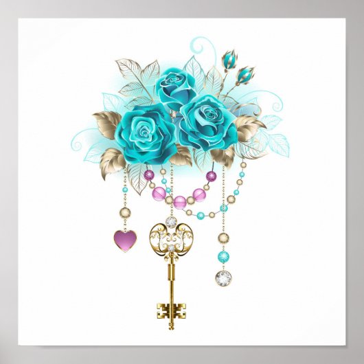 Poster Roses turquoise avec touches (Devant)