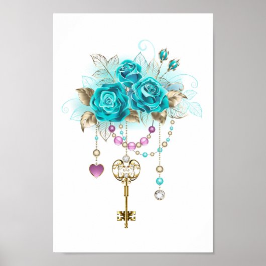 Poster Roses turquoise avec touches (Devant)