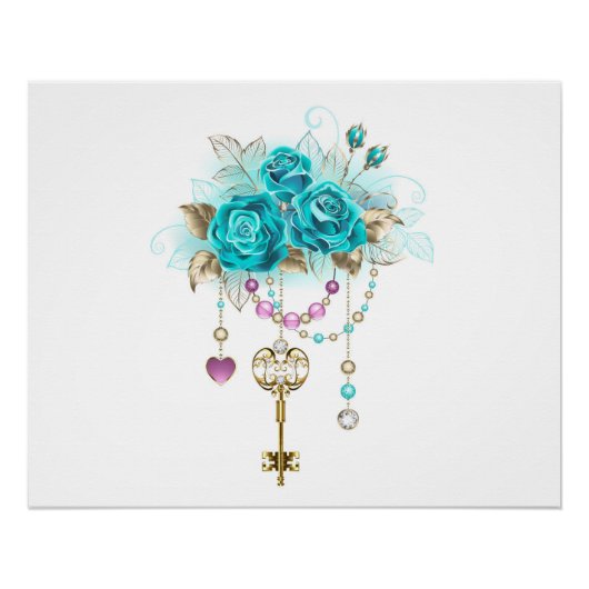Poster Roses turquoise avec touches (Devant)