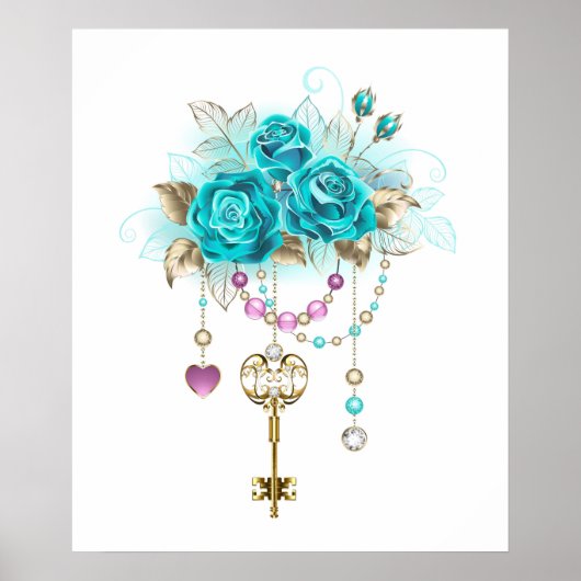 Poster Roses turquoise avec touches (Devant)