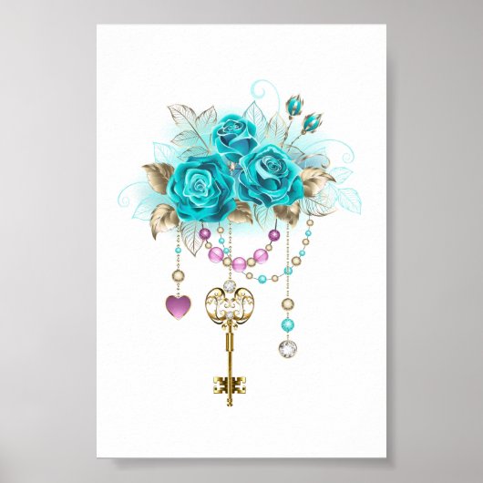 Poster Roses turquoise avec touches (Devant)