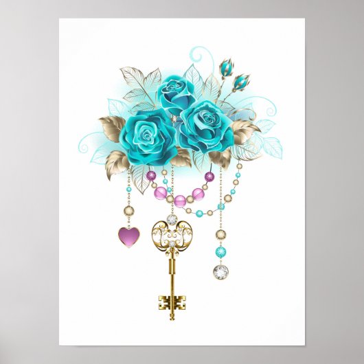 Poster Roses turquoise avec touches (Devant)