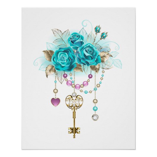 Poster Roses turquoise avec touches (Devant)