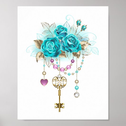 Poster Roses turquoise avec touches (Devant)