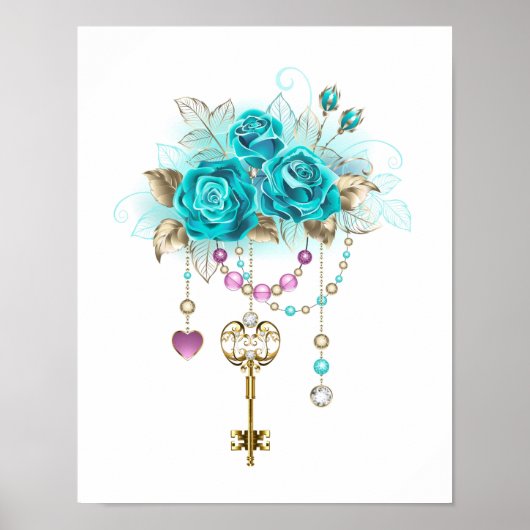 Poster Roses turquoise avec touches (Devant)