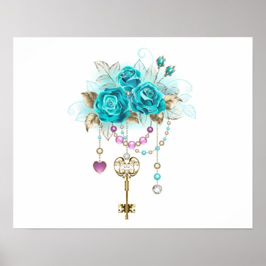 Poster Roses turquoise avec touches (Devant)