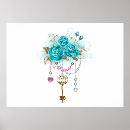 Poster Roses turquoise avec touches (Devant)