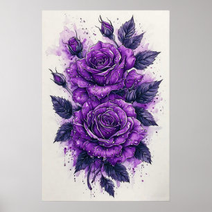 Poster Roses violettes avec gouttelettes d'eau