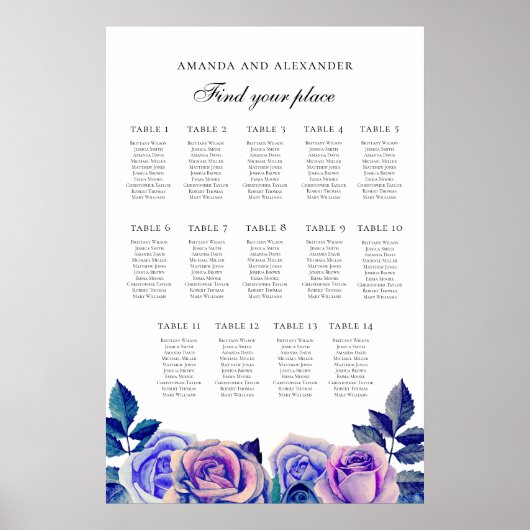 Poster Roses violettes bleues. Plan de table de mariage 1 (Devant)