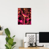 Poster ROSSIGNOL AVEC ROSES, Rose Fuchsia Noir Jaune (Bureau à domicile)