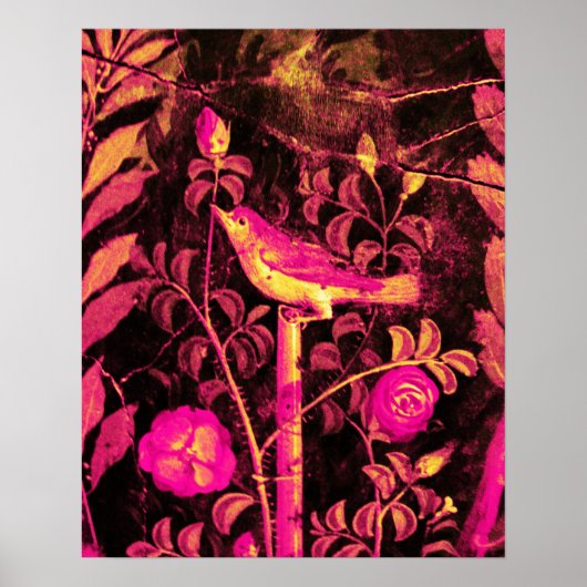 Poster ROSSIGNOL AVEC ROSES, Rose Fuchsia Noir Jaune (Devant)