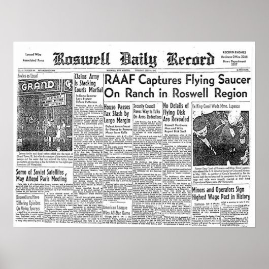 Poster Roswell UFO Incident Clip du journal (Devant)
