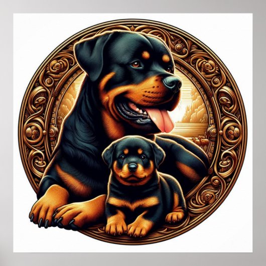 Poster Rottweiler maman et chiot (Devant)