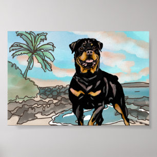 Poster Rottweiler Playing at Hawaii Beach