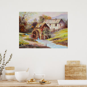 Poster Roue d'eau dans la peinture de paysage de rivière