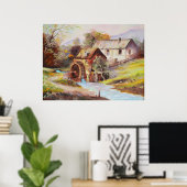 Poster Roue d'eau dans la peinture de paysage de rivière (Bureau à domicile)