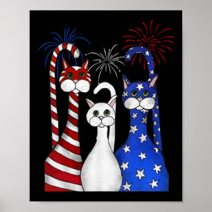Poster Rouge Blanc Bleu Chats Usa Drapeau Feu 4 juillet