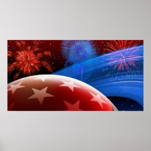 Poster Rouge Blanc Bleu Étoiles et feux d'artifice