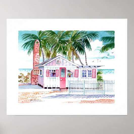 Poster Rouge Blanc Charming Beach Cottage Aquarelle (Devant)