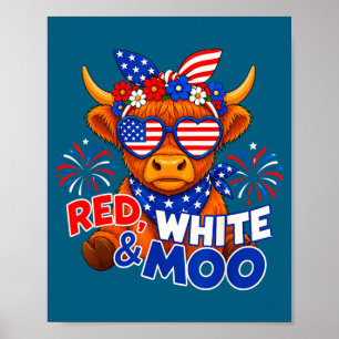 Poster Rouge blanc et vache highland drôle patriotique Ét