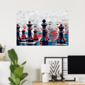 Poster Rouge, Blanc, Pièces d'échecs Bleues Roi, Reine, É (Bureau à domicile)