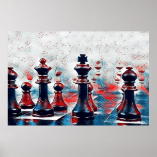 Poster Rouge, Blanc, Pièces d'échecs Bleues Roi, Reine, É
