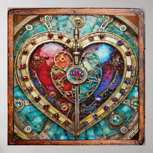 Poster Rouge & Bleu Vitrail Heart Steampunk Series (Devant)