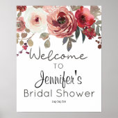 Poster Rouge Blush Floral Roses Élégante Fête des mariées (Devant)