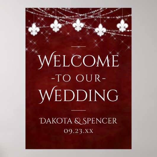 Poster Rouge Bourgogne Fleur de Lis Lumière | Bienvenue M (Devant)